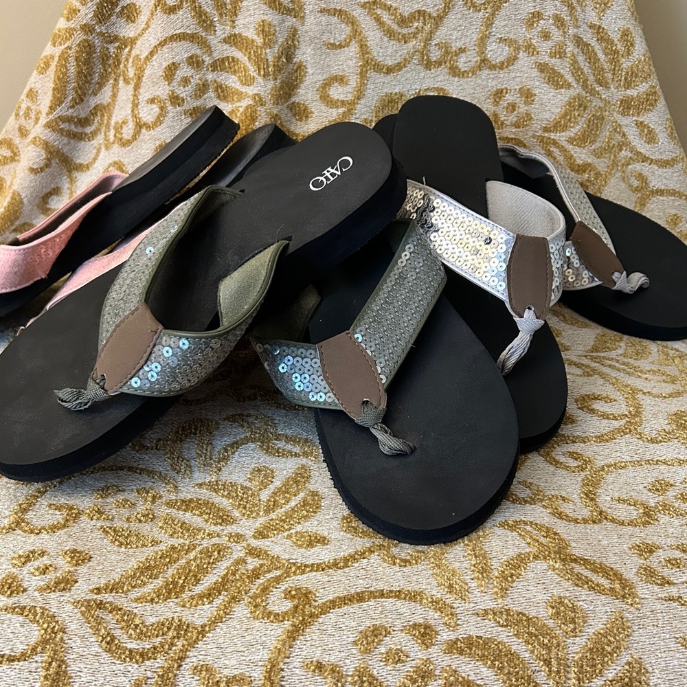 Cato Women's Sandals - 3 Pairs Sold as a set. Black, Green, Pink with Sequins